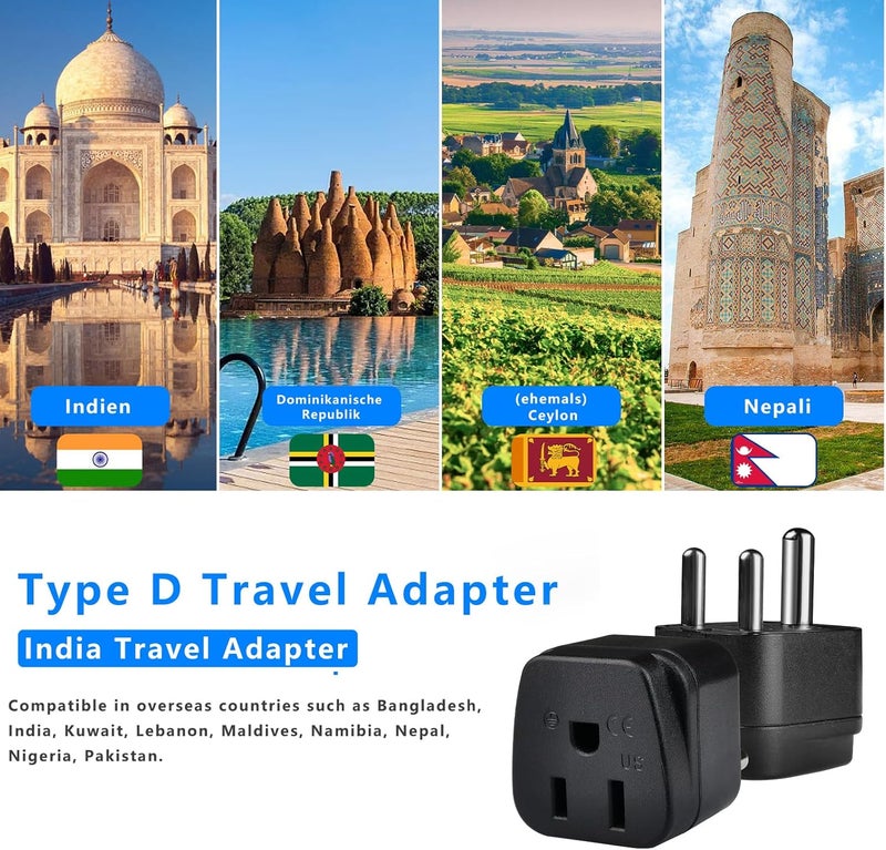 OFOAEEA US to India Plug Adapter, 2 Pack Type D Plug Adapter, India Power Adapte US to India, Bangladesh, Maldives, Pakistan Travel Adapter (Black) - Image 4